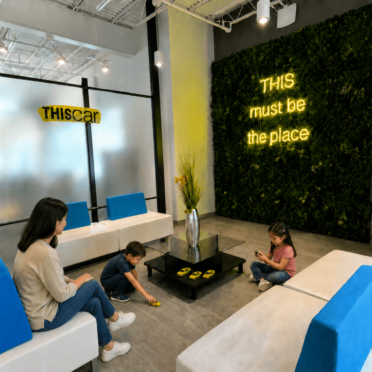 A boy and girl playing with free toy cars while a parent relaxes in the THIScar lobby