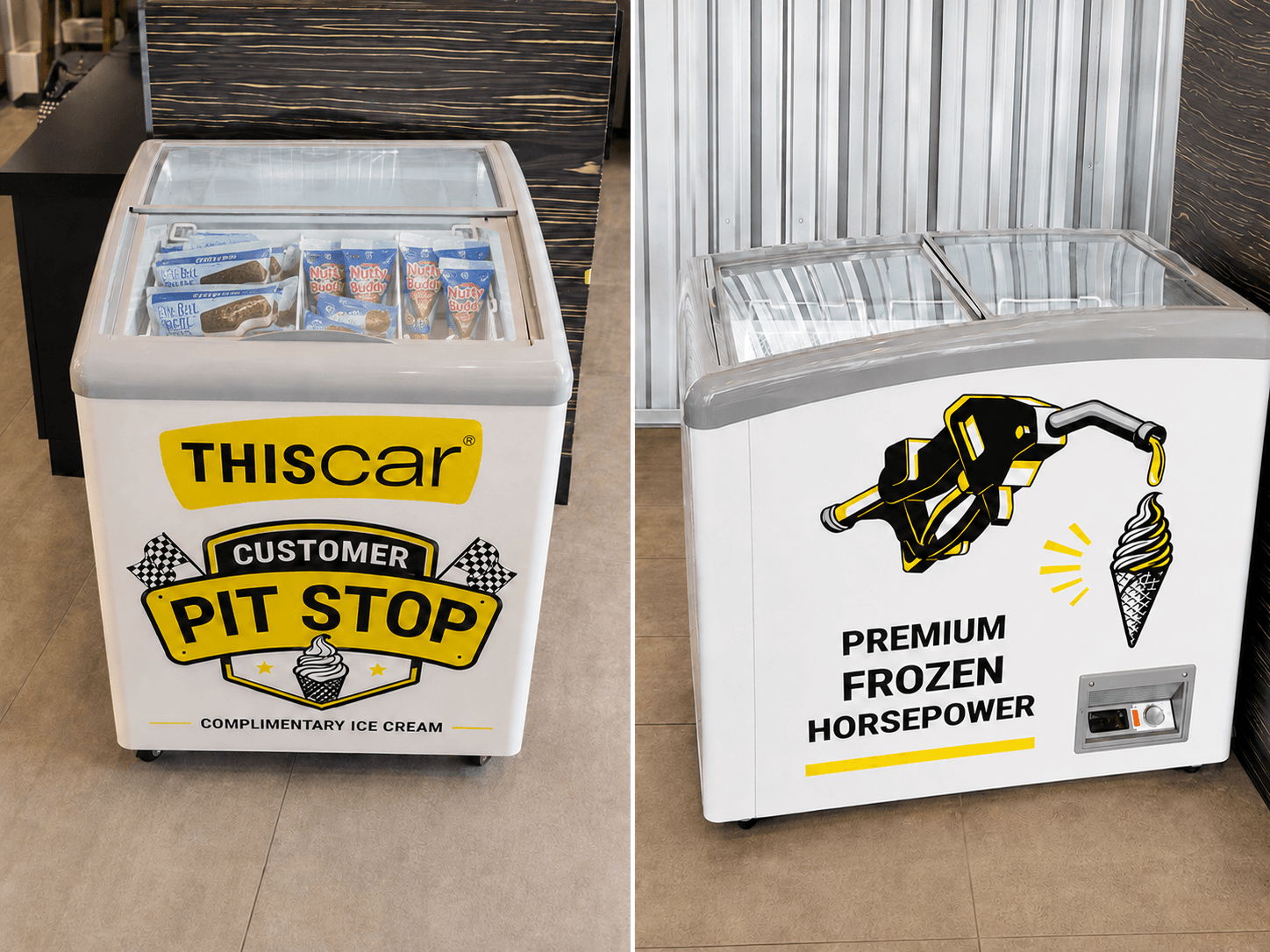 A stocked THIScar complimentary ice cream Customer Pit Stop shown from the front and side