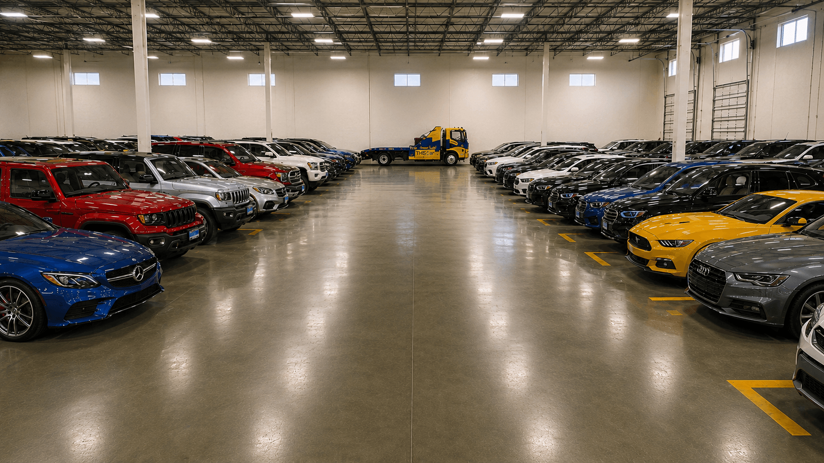 Rows of consumer-sourced vehicles inside the THIScar warehouse